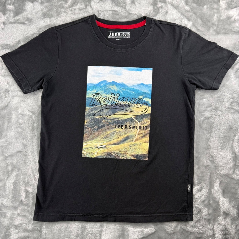 Jeep Spirit Believe Mountain Graphic T-Shirt Black Cotton Size S Jamboree‎